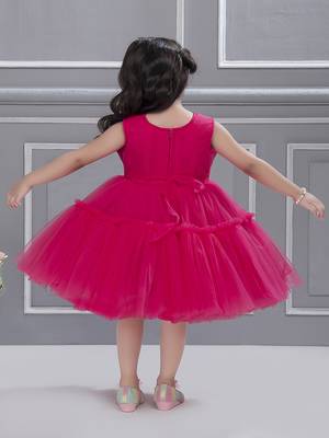 Fushia pink pleated net knee length Sleeveless frock for kids 2
