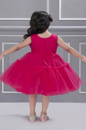 Fushia pink pleated net knee length Sleeveless frock for kids