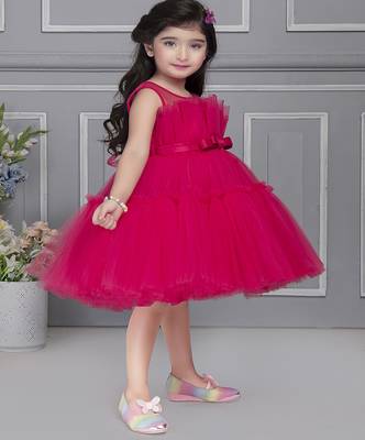 Fushia pink pleated net knee length Sleeveless frock for kids 3
