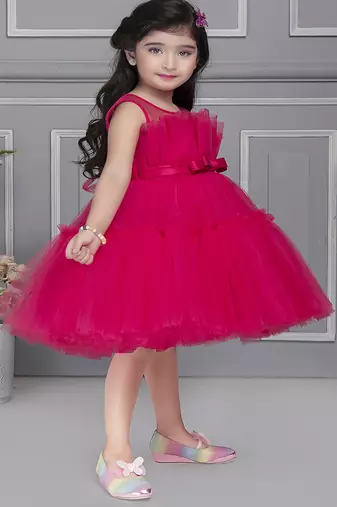 Fushia pink pleated net knee length Sleeveless frock for kids