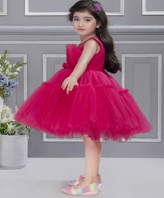 Fushia pink pleated net knee length Sleeveless frock for kids 4
