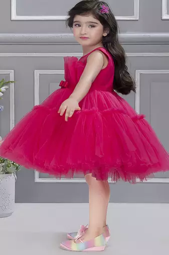 Fushia pink pleated net knee length Sleeveless frock for kids