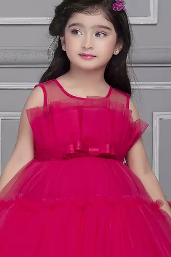 Fushia pink pleated net knee length Sleeveless frock for kids