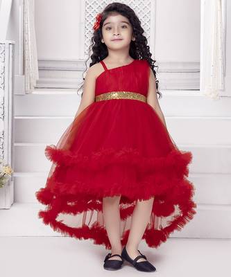 Red sequins net high low layered Sleeveless frock for kids 1