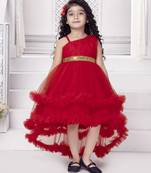 Red sequins net high low layered Sleeveless frock for kids