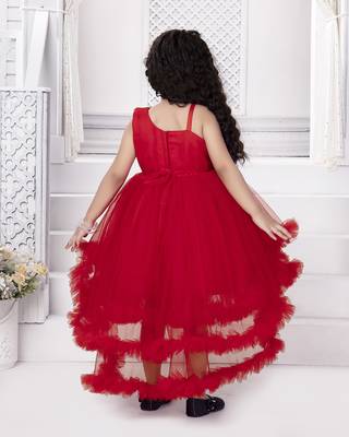 Red sequins net high low layered Sleeveless frock for kids 2