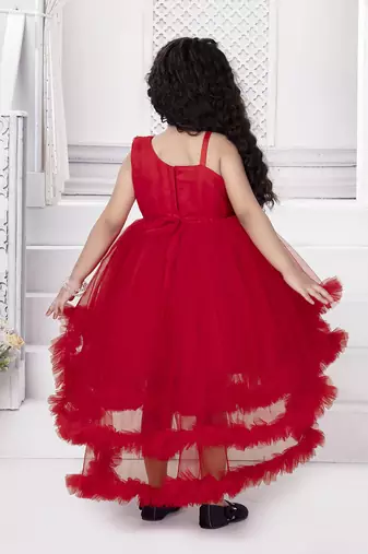 Red sequins net high low layered Sleeveless frock for kids