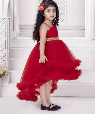 Red sequins net high low layered Sleeveless frock for kids 3