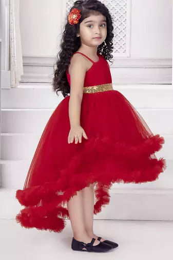 Red sequins net high low layered Sleeveless frock for kids