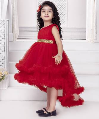 Red sequins net high low layered Sleeveless frock for kids 4