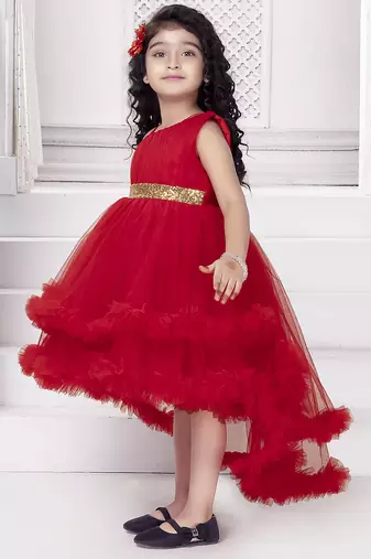 Red sequins net high low layered Sleeveless frock for kids
