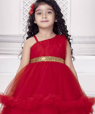 Red sequins net high low layered Sleeveless frock for kids 5