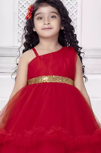 Red sequins net high low layered Sleeveless frock for kids
