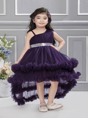 Purple sequins net high low layered Sleeveless frock for kids 1