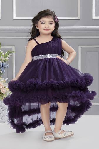 Purple sequins net high low layered Sleeveless frock for kids