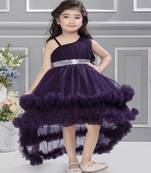 Purple sequins net high low layered Sleeveless frock for kids