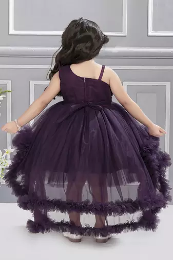 Purple sequins net high low layered Sleeveless frock for kids