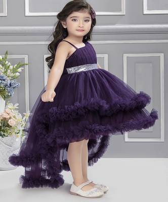 Purple sequins net high low layered Sleeveless frock for kids 3
