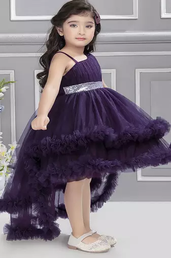 Purple sequins net high low layered Sleeveless frock for kids