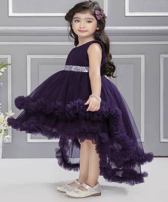 Purple sequins net high low layered Sleeveless frock for kids 4