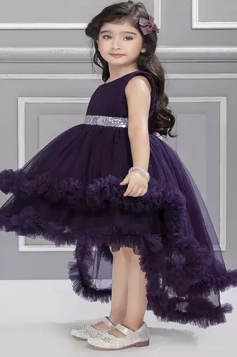 Purple sequins net high low layered Sleeveless frock for kids