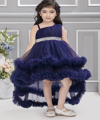 Navy blue sequins net high low layered Sleeveless frock for kids 1
