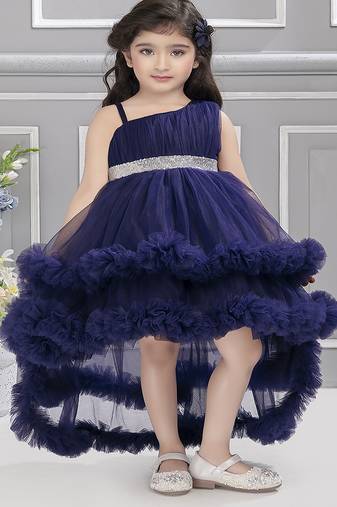 Navy blue sequins net high low layered Sleeveless frock for kids