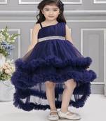 Navy blue sequins net high low layered Sleeveless frock for kids