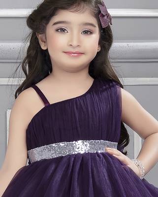 Purple sequins net high low layered Sleeveless frock for kids 5
