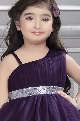 Purple sequins net high low layered Sleeveless frock for kids