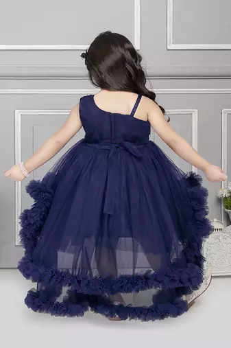 Navy blue sequins net high low layered Sleeveless frock for kids