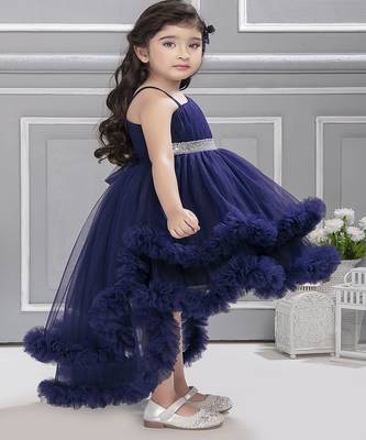 Navy blue sequins net high low layered Sleeveless frock for kids 3