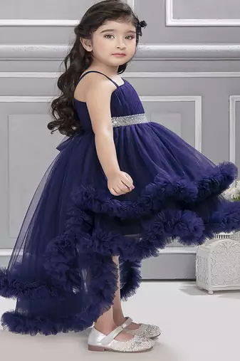 Navy blue sequins net high low layered Sleeveless frock for kids