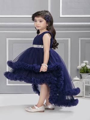 Navy blue sequins net high low layered Sleeveless frock for kids 4