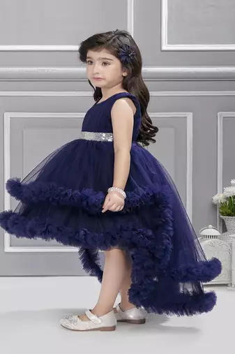 Navy blue sequins net high low layered Sleeveless frock for kids