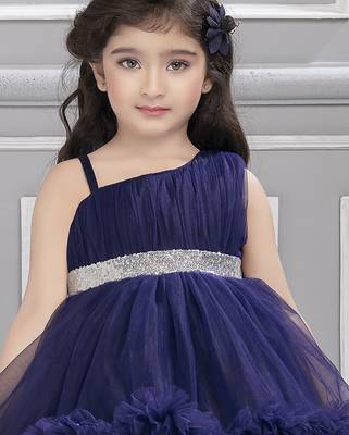 Navy blue sequins net high low layered Sleeveless frock for kids 5