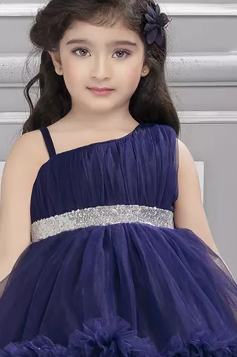 Navy blue sequins net high low layered Sleeveless frock for kids