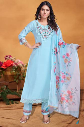 Sky blue viscose silk floral embroidered straight kurta with pant & dupatta