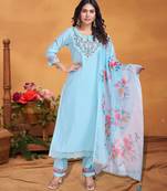 Sky blue viscose silk floral embroidered straight kurta with pant & dupatta