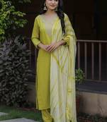 Women's Viscose Slub Embroidered Straight Kurta with Pant And Dupatta Set