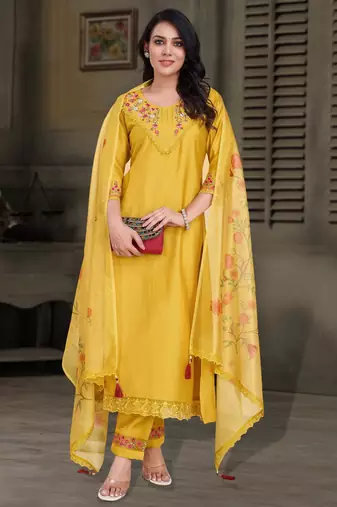 Yellow viscose silk floral embroidered straight kurta with pant & dupatta