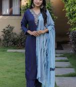 Women's Viscose Slub Embroidered Straight Kurta with Pant And Dupatta Set