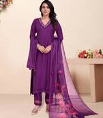 Purple viscose silk floral embroidered straight kurta with pant & dupatta