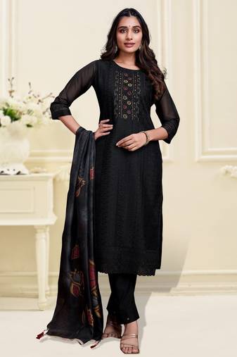 Black organza chikankari kantha work straight kurta with pant & dupatta