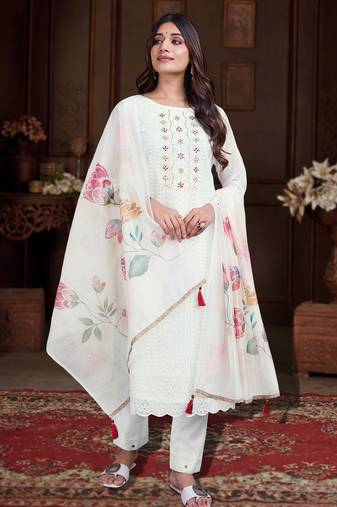 White organza chikankari kantha work straight kurta with pant & dupatta