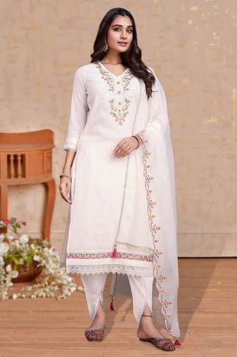 Off-white viscose embroidered kurta with tulip pant & dupatta