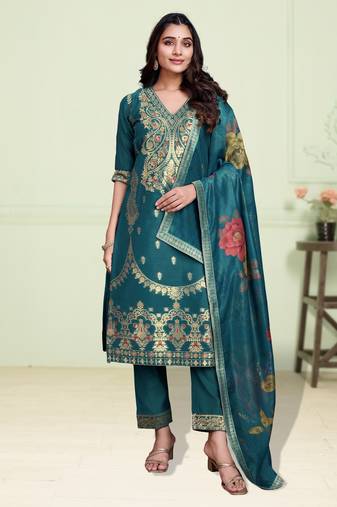 Teal green chanderi silk paisley jacquard straight kurta with pant & dupatta