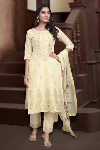 Off-white chanderi silk ethnic motifs jacquard straight kurta with pant & dupatta