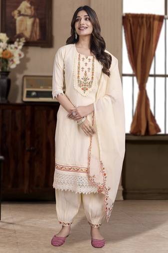 Cream viscose floral embroidered straight kurta with afghani salwar & dupatta