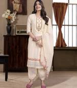 Cream viscose floral embroidered straight kurta with afghani salwar & dupatta